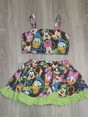 Disney Black Two-Piece Crop Top and Skirt Set with Neon Character Prints